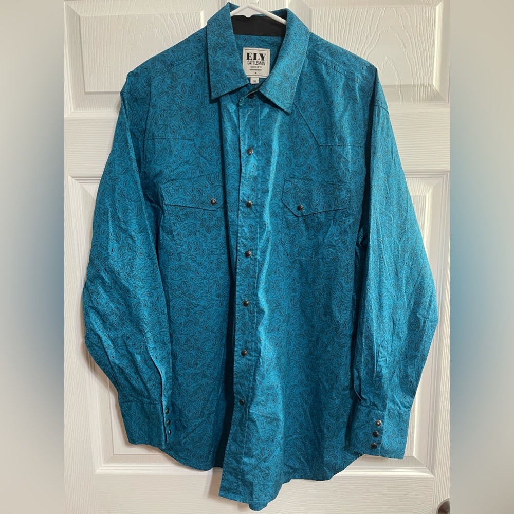 Ely Cattleman Turquoise Pearl Black Snaps Long Sleeve Dress Shirt Men’s XL